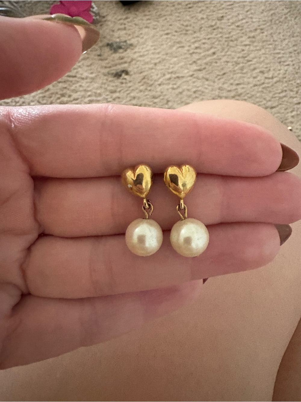Gold Heart Pearl Drop Earrings - Unbranded
